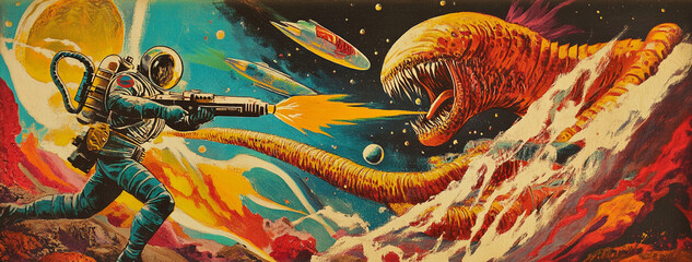 Retro sci-fi spaceman battling monstrous space creature with spaceships
