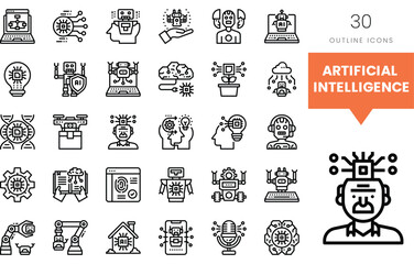 A collection of outline icons representing artificial intelligence concepts.