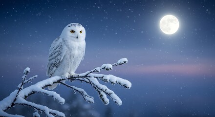 静寂な冬の夜 雪景色に佇む白フクロウ 満月が優しく照らす. AI Generated