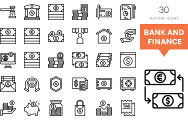 Outline icons representing banking and finance concepts in a minimalist style.