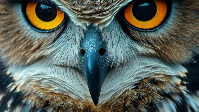 Closeup view of Eurasian eagle owl Bubo bubo revealing striking features and intense gaze, Eurasian eagle-owl (Bubo bubo) close-up
