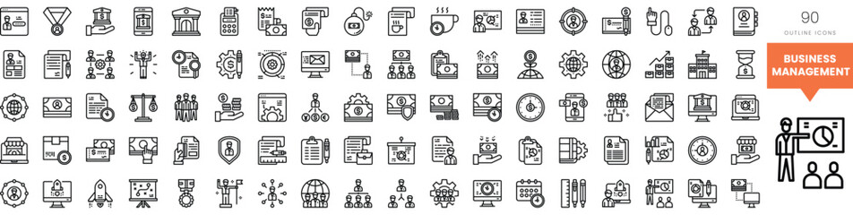 Collection of business management icons illustrating various professional concepts.