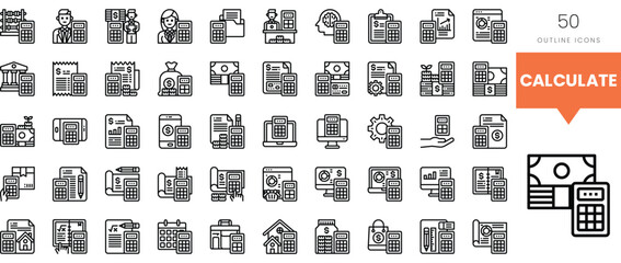 Collection of line icons representing finance, technology, and calculation concepts.