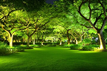 Obraz premium Illuminated trees at night in a green park with lush grass, creating peaceful ambiance
