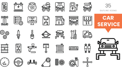 Variety of outline icons representing car service and maintenance tools.