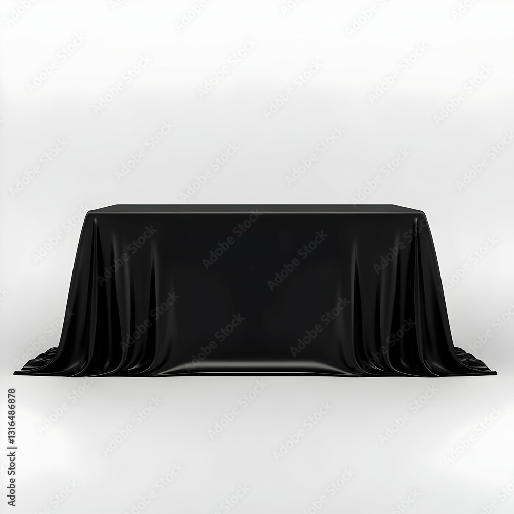 Poster 3d render of a black silk cloth draped over a rectangular table, elegant and mysterious background