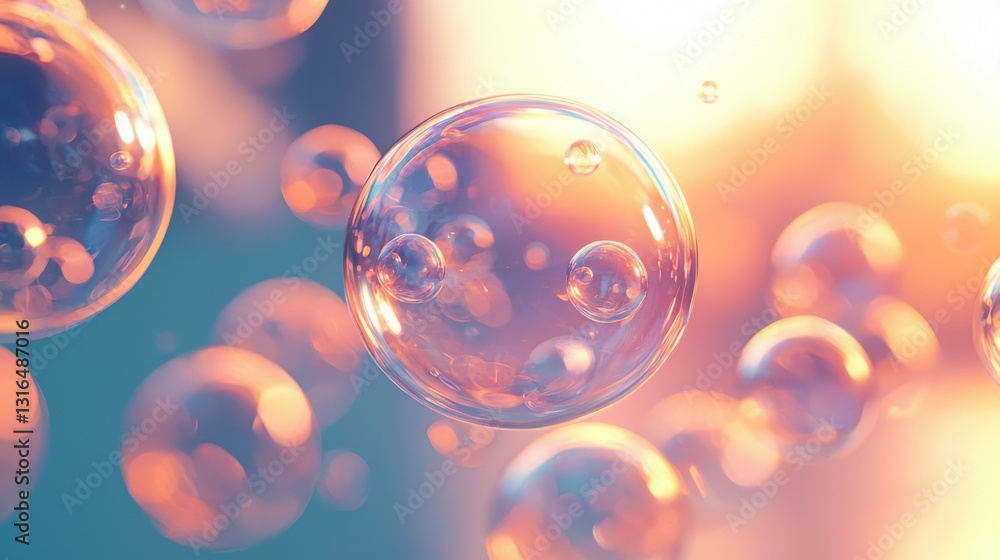 Poster ethereal floating bubbles in soft focus with warm light background for magical and dreamy atmosphere