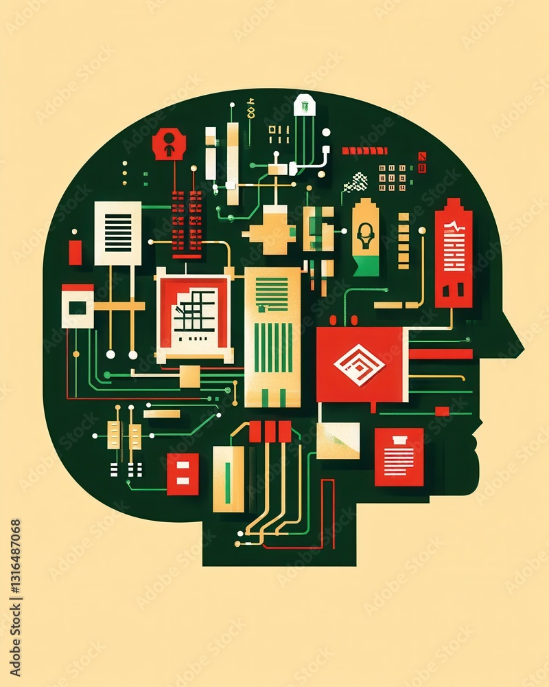 Poster abstract illustration of a human head filled with circuit patterns and technology elements