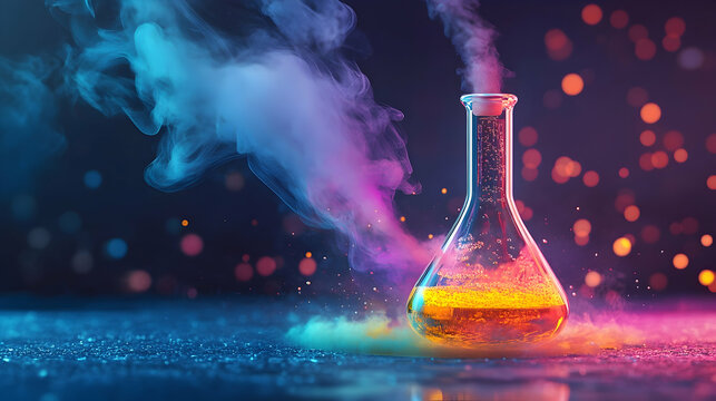 Colorful Chemical Flask With Vibrant Smoke In Dark Lab