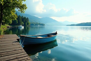Obraz premium Small fishing boat moored at a simple lakeside dock, image, photo, sun