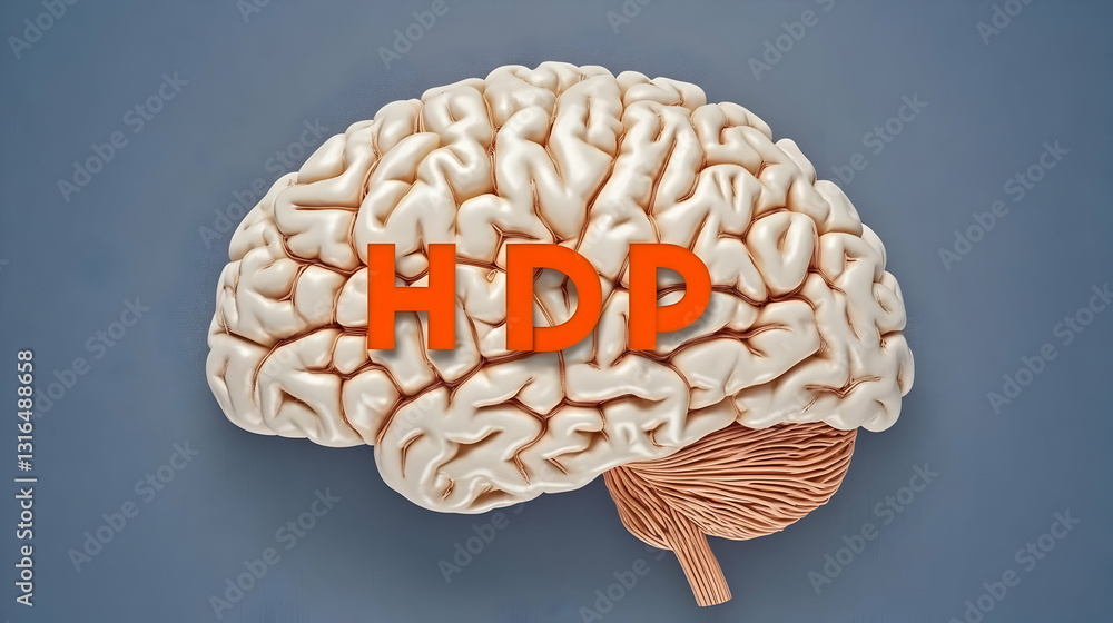 Poster 3D Render of Human Brain with HDP Text Overlay, Illustrating Neurological Concept