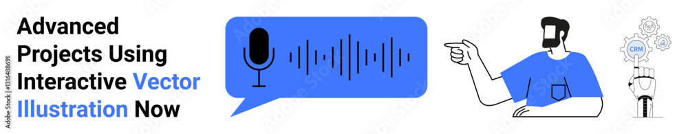 Poster speech bubble with microphone and soundwave, person gesturing towards ai-inspired icons. ideal for t