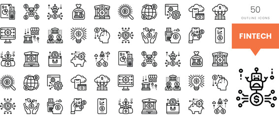 Collection of fintech outline icons featuring various financial technologies.