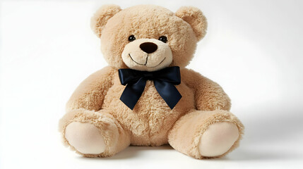 Adorable Tan Teddy Bear with a Navy Blue Bow Sitting on a White Background; Plush Toy Photography