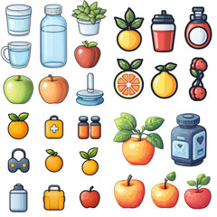 Various colorful fruit and fitness icons including apples, oranges, water bottles, and supplements, all with playful design