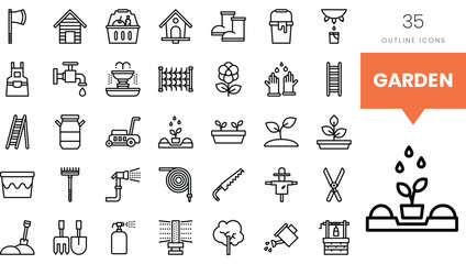 A collection of garden-related outline icons featuring tools and greenery.