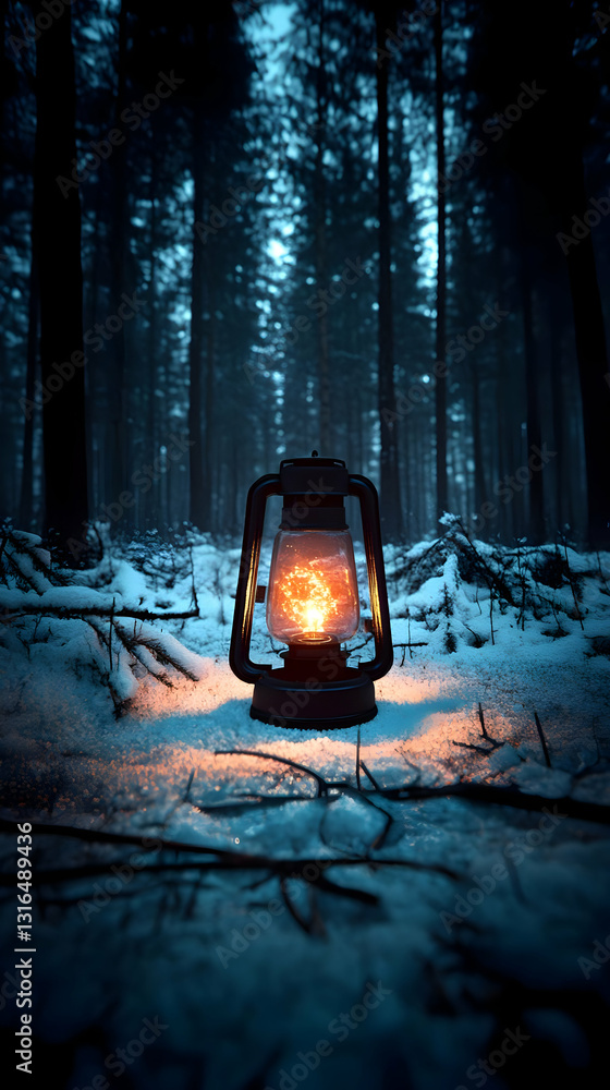 Poster illuminated lantern in a snowy winter forest at night: a 3d digital illustration of a glowing light 