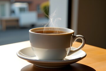 Fototapeta premium A steaming cup of freshly brewed coffee sits on a wooden table by a window, bathed in warm morning sunlight, with soft steam rising against a blurred urban background.