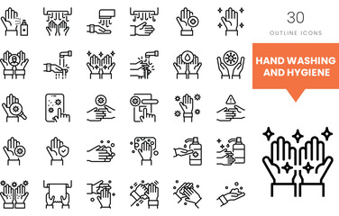 Collection of hand washing and hygiene outline icons for health awareness.