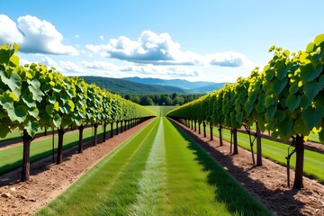 Obraz premium Scenic Vineyard with Rows of Lush Green Grapevines