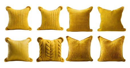 Various Yellow Decorative Pillows with Unique Textures and Patterns, Bundle Set Collection, Isolated on Transparent Background