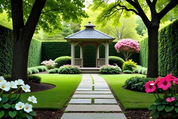 Obraz premium Beautiful Garden with Gazebo and Lush Landscaping