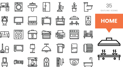 A collection of home outline icons featuring appliances and furniture.