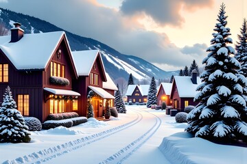 Fototapeta premium Charming Snowy Village with Warm Glowing Lights and Mountain Backdrop at Dusk