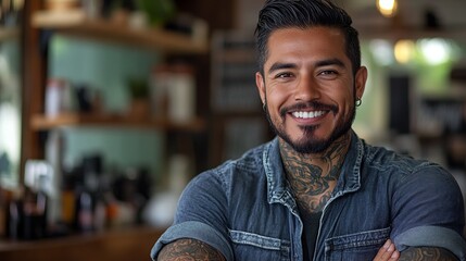 Fototapeta premium Smiling confident man with tattoos. Sharp facial features, ear ring, and arms crossed. Confident, friendly, successful. Indoors, professional.