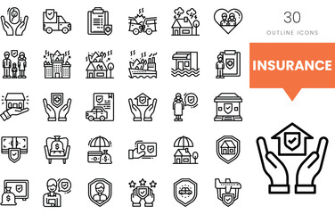 A collection of outline icons representing various aspects of insurance.