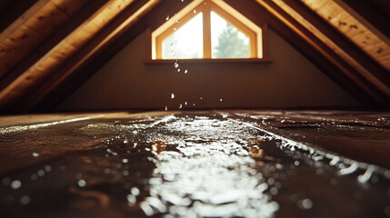 Water damage in attic wooden beams leaking roof repair needed wet home drip dark house brown problem