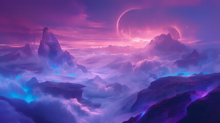 Ethereal Alien Landscape Purple Mountains and Glowing Nebula