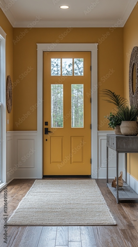 Poster this inviting entryway features a vibrant yellow front door framed by soft white trim, opening into 