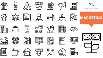 A collection of outline icons representing various marketing concepts and tools.