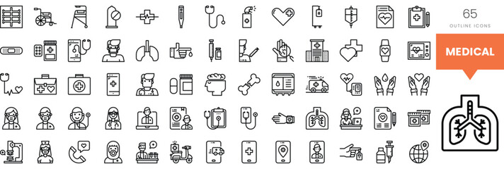 Various medical icons in outline style illustrating healthcare concepts.
