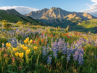 Obraz premium Vibrant Wildflower Meadow with Majestic Mountain Range, Symbolizing Serenity and Natural Beauty. Ideal for travel brochures, nature documentaries, and environmental campaigns.