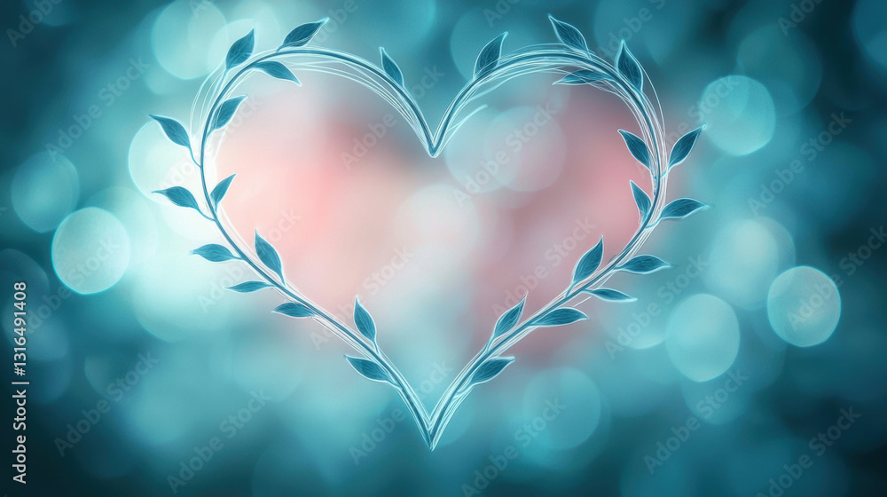 Poster delicate heart shape outlined in bokeh with soft blue background