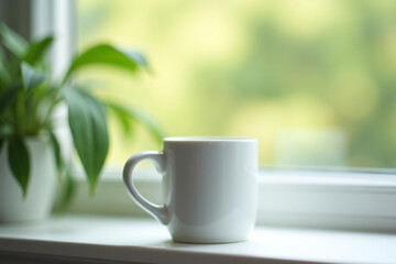 "White Ceramic Mug on Windowsill with Greenery View: A Serene Morning Moment with Natural Light and Potted Plant"