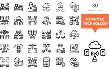 Vector outline icons depicting various network technology concepts.