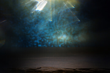 Empty dark table and glowing lights background