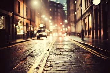Fototapeta premium Blurred night street with car driving past lit buildings, potential travel use