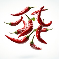 Fresh red chili peppers in mid-air