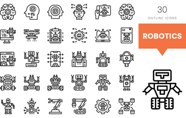 Set of robotic outline icons showcasing technology and innovation.