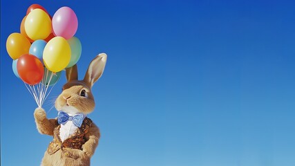 brown rabbit wearing a bow tie, holding colorful balloons, blue sky background, cute and animated,  vibrant color palette and a happy  atmosphere, bright natural light, illustration, festival design