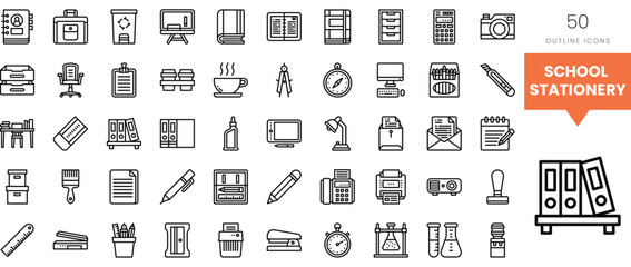 A collection of various school stationery icons in a minimalist outline style.
