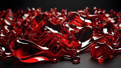 3d render. Red wavy glass shapes dispersion effect on black background