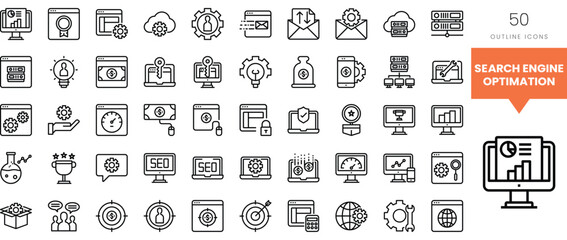 Collection of line icons representing search engine optimization concepts.