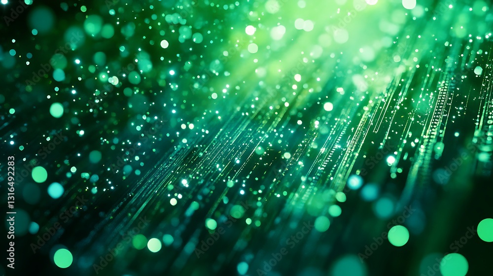 Poster cascading green data streams in digital matrix with cyberpunk aesthetic and glowing particles