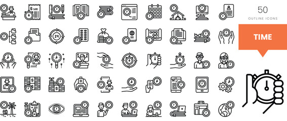 Diverse outline icons representing time management concepts and tools.