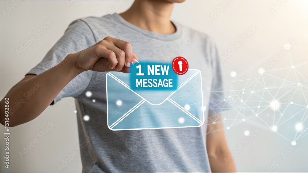 Poster person interacts with digital email icon, symbolizing new message notifications